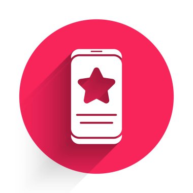 İnceleme derecelendirme simgesi uzun gölgeli beyaz cep telefonu. Tanıklık mesajları, bildirimler, geri bildirimler. Kırmızı daire düğmesi. Vektör İllüstrasyonu.