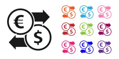 Siyah Para Takas simgesi beyaz arkaplanda izole edildi. Euro ve Dolar para transferi sembolü. Bankacılık işareti. Simgeleri renklendirin. Vektör İllüstrasyonu.