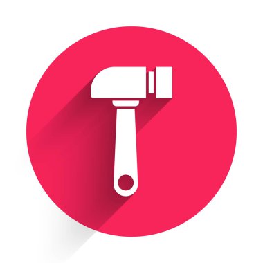 Beyaz Çekiç simgesi uzun gölgeli izole edilmiş. Tamir için bir araç. Kırmızı daire düğmesi. Vektör İllüstrasyonu.