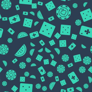 Oyun zarlarını, kumarhane çiplerini, karpuzlu kumarhane kumar makinesini ve dikişsiz sopalarla kağıt oynamayı ayarla. Vektör.