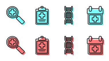 Sıra halinde DNA sembolü, tıbbi araştırma için büyüteç, klinik kaydı olan tıbbi pano ve doktor atama ikonu. Vektör.