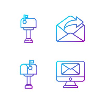 Hat monitörü ve zarfı, posta kutusunu, posta kutusunu ve giden postayı ayarla. Renk simgeleri. Vektör.