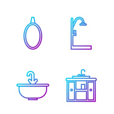 Lavaboyu musluklu, lavaboyu musluklu, aynalı ve duşlu olarak ayarla. Renk simgeleri. Vektör.