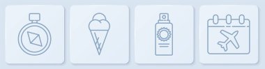 Pusula, güneş kremi şişesi waffle külahında dondurma, takvim ve uçak. Beyaz kare düğme. Vektör.