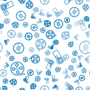 Çizgi film makarası, sinema kamerası ve CD veya DVD diskini pürüzsüz desen üzerine ayarla. Vektör.