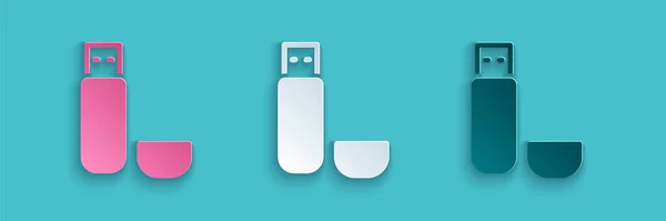 Papel Corte Usb Flash Drive Ícone Isolado Fundo Azul Estilo — Vetor de Stock