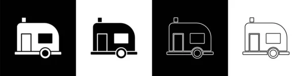 Set Camping Trailer Pictogram Geïsoleerd Zwart Wit Achtergrond Reizen Stacaravan — Stockvector