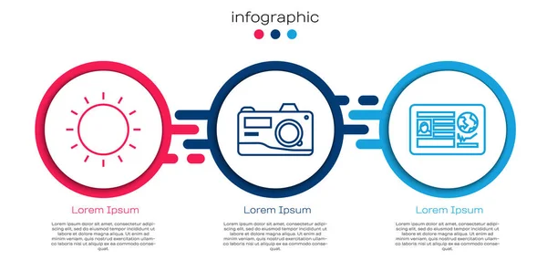 Set Line Zon Fotocamera Paspoort Met Visumstempel Bedrijfsinfographic Sjabloon Vector — Stockvector