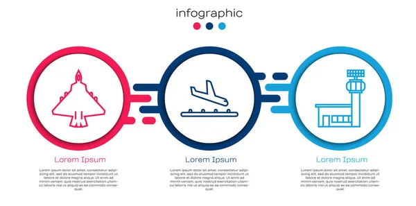 Set Line Jet Kampfflugzeug Flugzeug Landung Und Flughafen Kontrollturm Geschäftsinfografische — Stockvektor