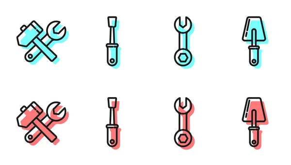 Set Line Schraubenschlüssel Hammer Und Schraubenschlüssel Schraubendreher Und Kelle Symbol — Stockvektor