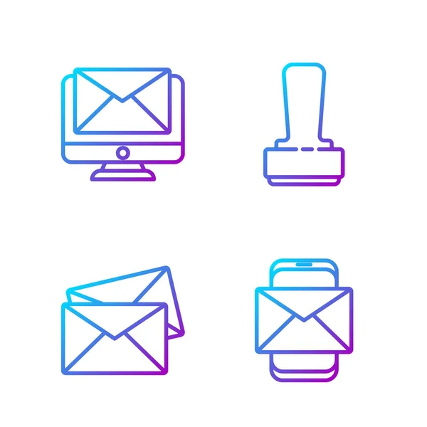 Set Lijn Mobiel Enveloppe Envelop Monitor Enveloppe Stempel Gradiënt Kleurpictogrammen — Stockvector
