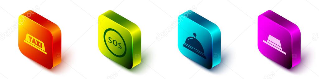 Set Isometric Taxi car roof, Location with SOS, Hotel service bell and Man hat with ribbon icon. Vector.