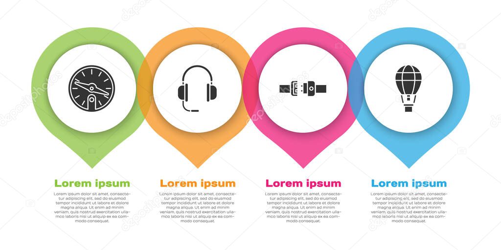 Set Compass, Headphones with microphone, Safety belt and Hot air balloon. Business infographic template. Vector.