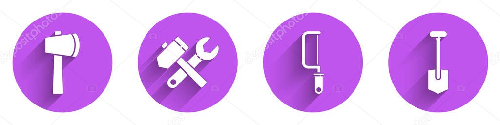 Set Wooden axe, Hammer and wrench spanner, Hacksaw and Shovel icon with long shadow. Vector.