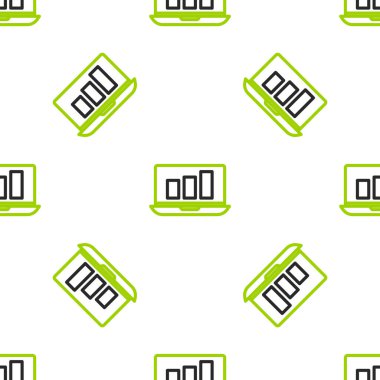 Grafik çizelgesi simgesine sahip dizüstü bilgisayar beyaz arkaplanda izole edilmiş kusursuz desen. Metin dosya simgesini rapor et. Muhasebe tabelası. Denetim, analiz, planlama. Vektör İllüstrasyonu.