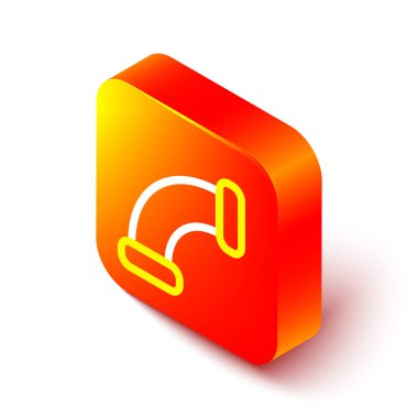 Isometric line Industry metalik boru ikonu beyaz arka planda izole edildi. Tesisat boru hattının farklı şekillerde parçaları. Turuncu kare düğme. Vektör İllüstrasyonu.