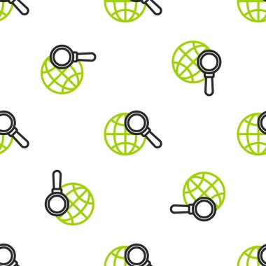 Küre simgesine sahip çizgi büyüteç beyaz arka planda izole edilmiş pürüzsüz desen. Dünyayı analiz ediyorum. Küresel arama işareti. Vektör İllüstrasyonu.