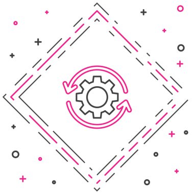 İş akışı konsepti simgesi olarak çizgi teçhizatı ve oklar beyaz arkaplanda izole edildi. Vites doldurma tabelası. Renkli taslak konsepti. Vektör İllüstrasyonu.