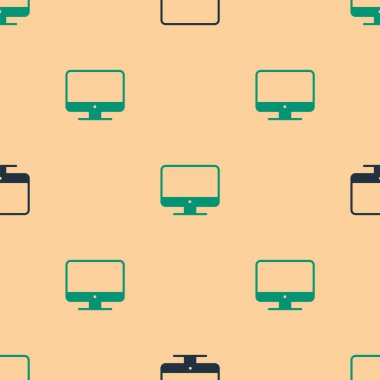 Yeşil ve siyah bilgisayar ekranı simgesi bej arkaplanda izole edilmiş kusursuz desen. Elektronik cihaz. Ön manzara. Vektör İllüstrasyonu.