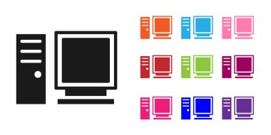 Siyah Bilgisayar monitörü simgesi beyaz arkaplanda izole edildi. Bilgisayar bileşeni işareti. Simgeleri renklendirin. Vektör İllüstrasyonu.