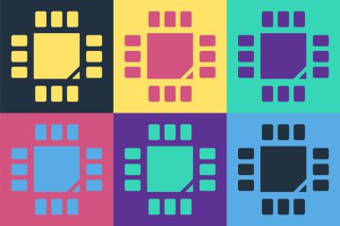 Mikro devreli Pop Art Bilgisayar işlemcisi CPU simgesi renk arkaplanında izole edildi. Devre kartlı çip ya da işlemci. Mikro işlemci. Vektör İllüstrasyonu.