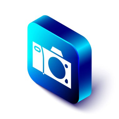 Beyaz arkaplanda izole edilmiş Isometric Fotoğraf Kamerası simgesi. Fotoğraf makinesi simgesi. Mavi kare düğme. Vektör İllüstrasyonu.