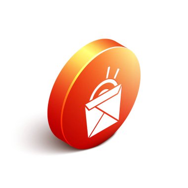 Karton kutuda Isome Asya erişteleri ve beyaz arka planda izole edilmiş yemek çubukları ikonu. Sokak yemeği. Kore, Japon, Çin yemekleri. Turuncu daire düğmesi. Vektör İllüstrasyonu.