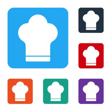 Beyaz Aşçı şapkası simgesi beyaz arkaplanda izole edildi. Aşçılık sembolü. Aşçı şapkası. Renkli kare düğmelerle simgeleri ayarla. Vektör İllüstrasyonu.