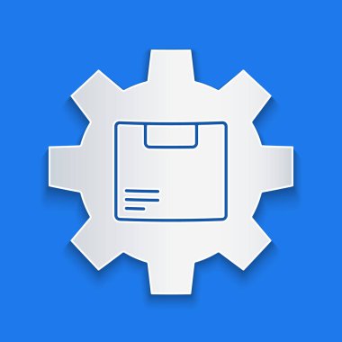 Kağıt kesiği dişli tekerleği mavi arkaplanda izole edilmiş paket kutusu simgesi. Kutu, paket, paket işareti. Teslimat ve ambalaj. Kağıt sanatı tarzı. Vektör İllüstrasyonu.