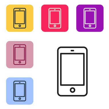 Siyah çizgi Akıllı Telefon, beyaz arkaplanda izole edilmiş cep telefonu simgesi. Renkli kare düğmelerle simgeleri ayarla. Vektör İllüstrasyonu.