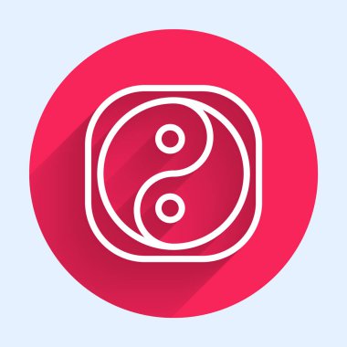 Beyaz çizgi Yin Yang 'ın sembolü uyum ve denge simgesi uzun gölgeli. Kırmızı daire düğmesi. Vektör İllüstrasyonu.