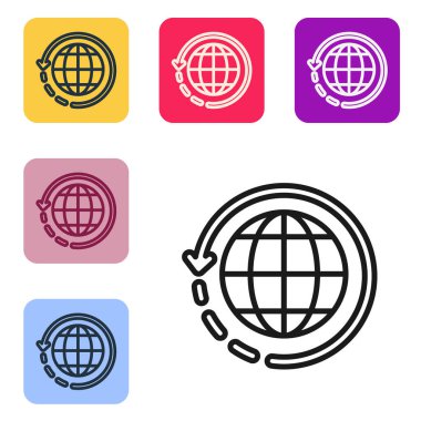 Beyaz zemin üzerinde izole siyah çizgi dünya kargo ve karton kutu ikonu. Renkli kare düğmelerle simgeleri ayarla. Vektör İllüstrasyonu.