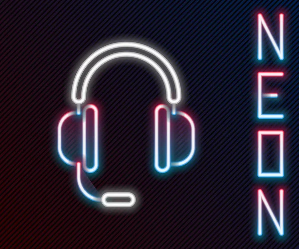 Glödande Neon Line Hörlurar Med Mikrofonikon Isolerad Svart Bakgrund Färgstarkt — Stock vektor