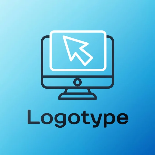 ライン青い背景に隔離されたコンピュータのモニターとカーソルのアイコン 空の画面表示のコンピュータノートブック カラフルなアウトラインコンセプト ベクターイラスト — ストックベクタ