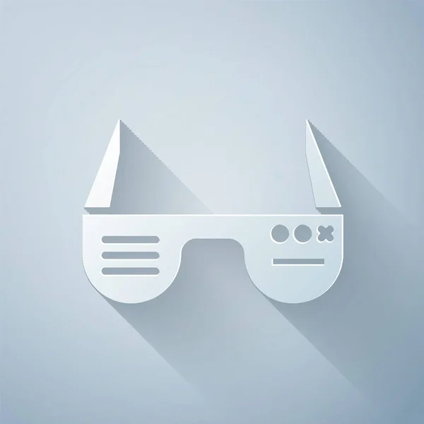 ペーパーカットグレーの背景に隔離された眼鏡アイコンに取り付けられたスマートグラス カメラとディスプレイ付きのウェアラブル電子スマートグラス 紙のアートスタイル ベクターイラスト — ストックベクタ