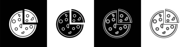 黒と白の背景にピザアイコンをセットします ファーストフードメニュー ベクターイラスト — ストックベクタ