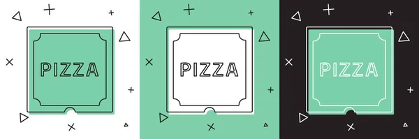 Definir Pizza Ícone Caixa Papelão Isolado Branco Verde Fundo Preto — Vetor de Stock
