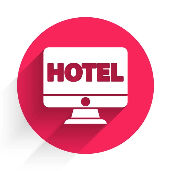 White Online Otel Rezervasyon Ikonu Uzun Gölgeli Bilgisayar Monitörü Için — Stok Vektör