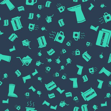 Bir fincan çay, su geçirmez lastik bot, çamurlu el arabası ve dikişsiz desenli metin sonbaharlı konuşma balonu. Vektör.