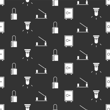 Güvenli, hareketli sensör, güvenli kombinasyon kilidi ve park arabasının bariyerini kusursuz şekilde ayarla. Vektör.