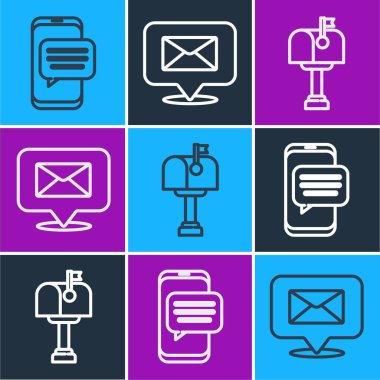 Satır Chat iletilerini telefonla, posta kutusuyla ve zarf simgesiyle birlikte konuşma baloncuğuyla ayarla. Vektör.