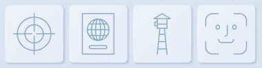 Hedef spor, gözetleme kulesi, pasaport ve yüz tanıma. Beyaz kare düğme. Vektör.