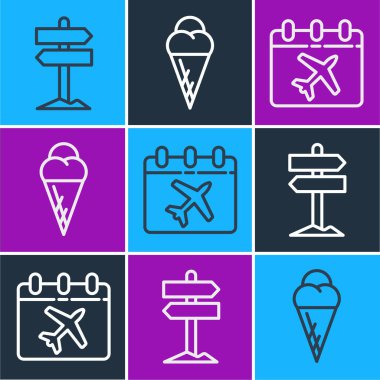 Yol trafik levhası, takvim, uçak ve dondurmayı waffle konisi simgesine yerleştir. Vektör.