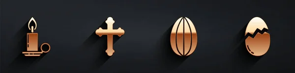 Nastav Hořící Svíčku Svícnu Křesťanského Kříže Velikonočního Vajíčka Ikony Rozbitá — Stockový vektor