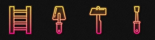 Set Hamer Houten Trap Troffel Schroevendraaier Een Gloeiend Neon Icoon — Stockvector