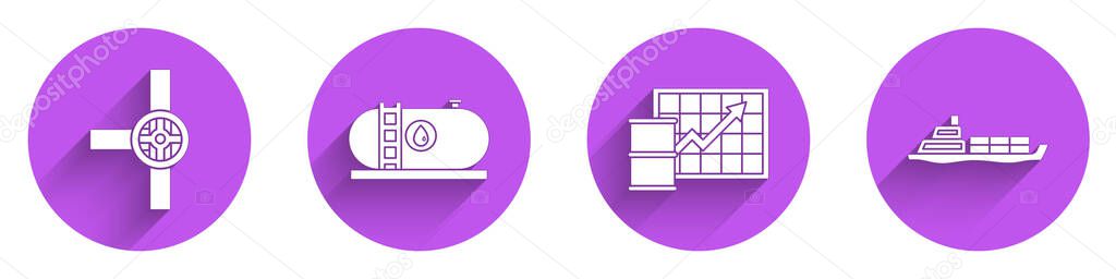 Set Industry pipes and valve, Oil industrial factory building, Oil price increase and Oil tanker ship icon with long shadow. Vector.