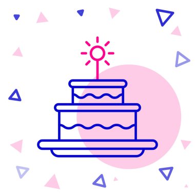 Beyaz arkaplanda yanan mum simgesine sahip Çizgi Keki. Doğum günün kutlu olsun. Renkli taslak konsepti. Vektör İllüstrasyonu.