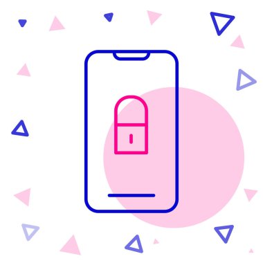 Beyaz arkaplanda kapalı asma kilit simgesine sahip çizgi akıllı telefonu izole edildi. Kilitli telefon. Gezici güvenlik, güvenlik, koruma konsepti. Renkli taslak konsepti. Vektör İllüstrasyonu.