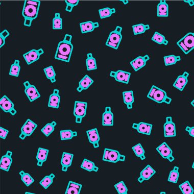 Güneş kremi sprey şişesi simgesi siyah arkaplanda izole edilmiş. Cilt için güneş ultraviyole ışığından koruma. Vektör İllüstrasyonu.