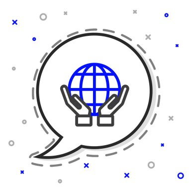 Beyaz arka planda Dünya 'nın simgesini tutan çizgi insan eli. Dünya kavramını sakla. Renkli taslak konsepti. Vektör İllüstrasyonu.